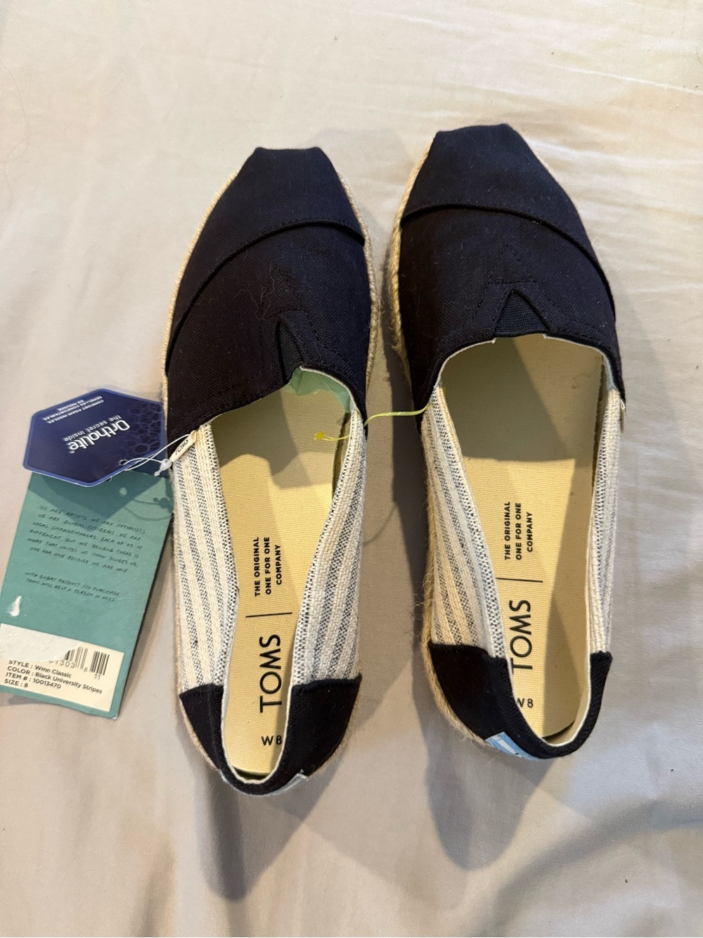 TOMS Black Canvas & Natural Stripe Espadrilles size 8